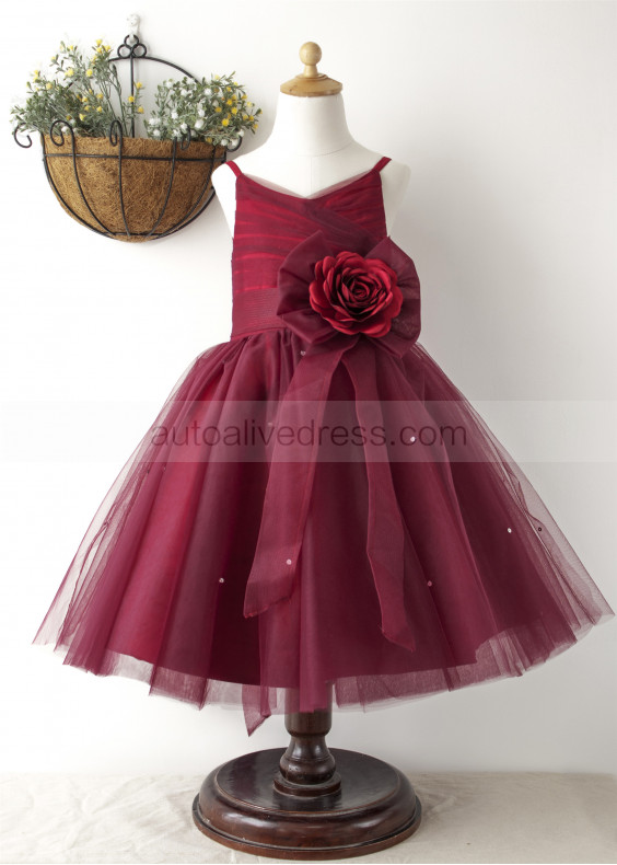 Burgundy Pleated Tulle Stunning Flower Girl Dress With Flower Sash